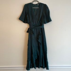 Lulus Dark Green Satin Faux-Wrap Midi Dress